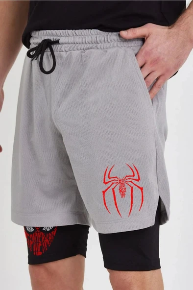 Unisex Baskılı İç Cepli Sporcu Alt Taytlı Şort - Gri - Resim 4