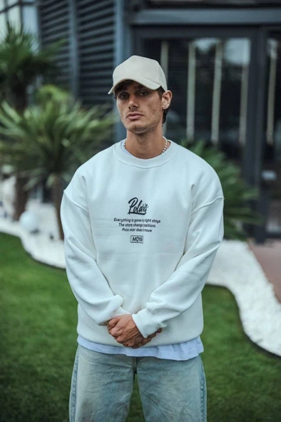 Kışlık Bisiklet Yaka Ön Ve Arka Baskılı SweatShirt - Beyaz - 1
