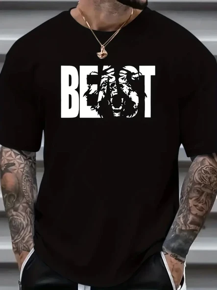 Baskılı Oversize Bisiklet Yaka T-shirt - Siyah - 1