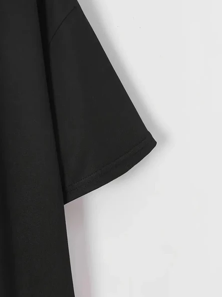 Baskılı Oversize Bisiklet Yaka T-shirt - Siyah - Resim 3