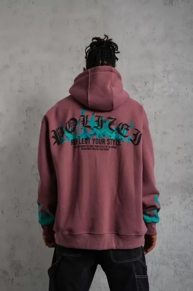 Erkek Üç İplik Içi Pamuklu Alev Baskılı Kapüşonlu Sweatshirt - Gül Kurusu ürün görseli