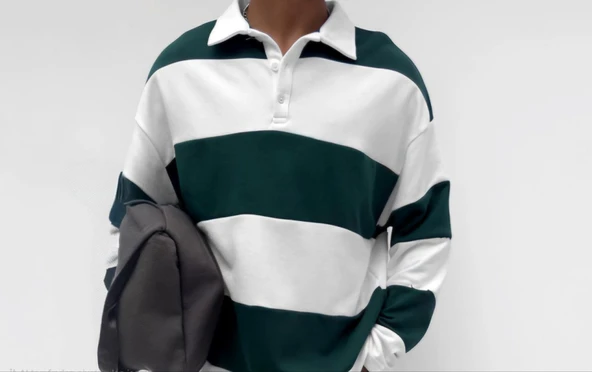 Unisex Üç İplik Parçalı Yakalı SweatShirt - Yeşil ürün görseli