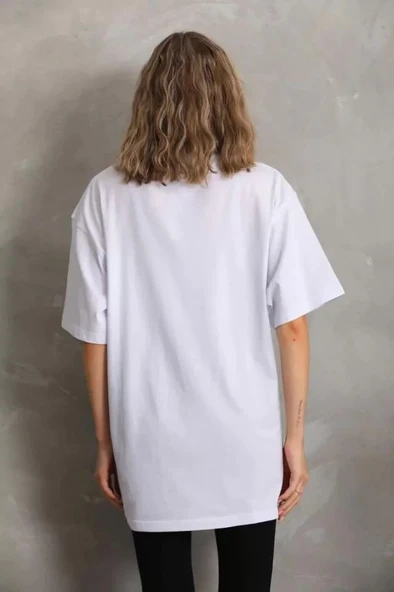 Unisex Taş Desenli Oversize T-Shirt - Beyaz - 2