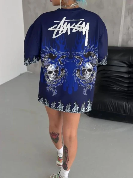 Unisex Bisiklet Yaka Baskılı Oversize T-Shirt - Lacivert - Resim 4