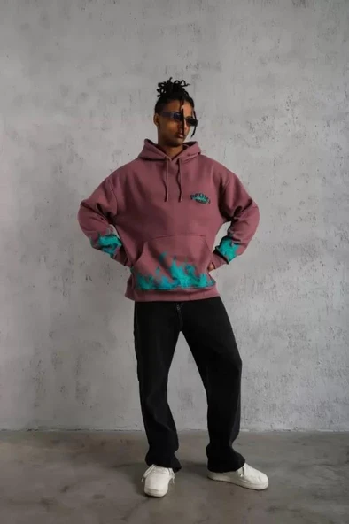 Erkek Üç İplik Içi Pamuklu Alev Baskılı Kapüşonlu Sweatshirt - Gül Kurusu - Resim 4