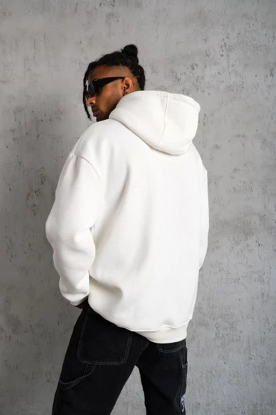 3 İplik Kapşonlu Sweatshirt Hoodie - Beyaz - Resim 2