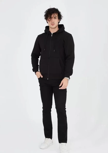Unisex Tam Fermuarlı Kapşonlu  SweatShirt - Siyah - Resim 3