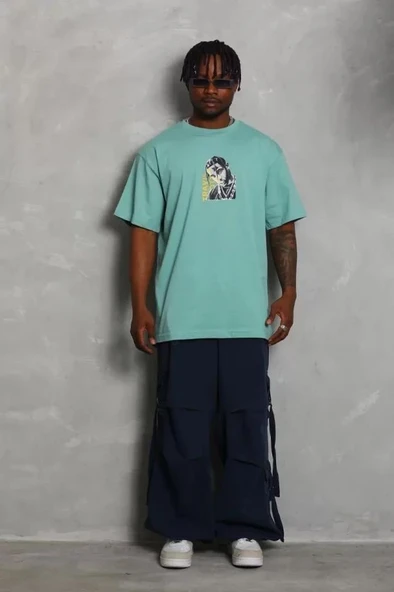 Unisex Oversize Baskılı Bisiklet Yaka T-Shirt - Mint Yeşili - Resim 3