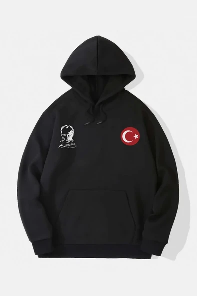 10 Kasıma Özel Üç İplik Kapşonlu Baskılı SweatShirt - Siyah ürün görseli