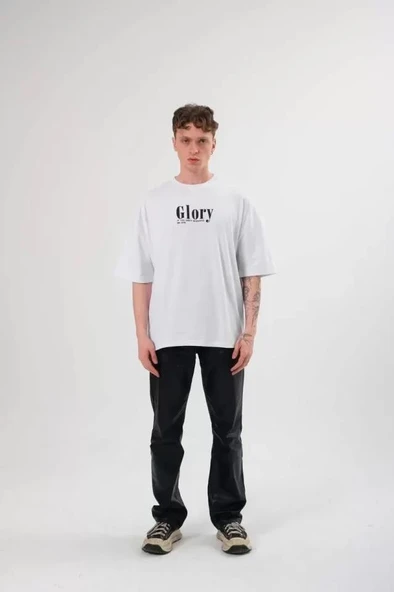 Unisex Bisiklet Yaka Baskılı Oversize T-Shirt - Siyah - Resim 2
