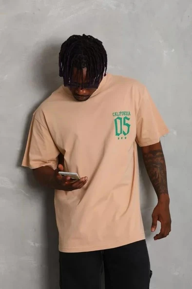 Unisex Oversize Baskılı Bisiklet Yaka T-Shirt - Bej - Resim 3