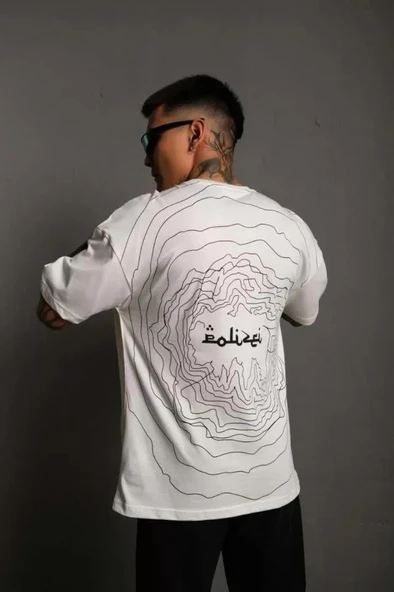 Erkek Bisiklet Yakalı Sırt Baskılı Oversize T-Shirt - Beyaz - 1