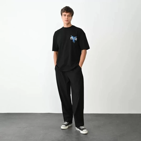 Unisex Bisiklet Yaka Baskılı Oversize T-Shirt - Siyah - 4