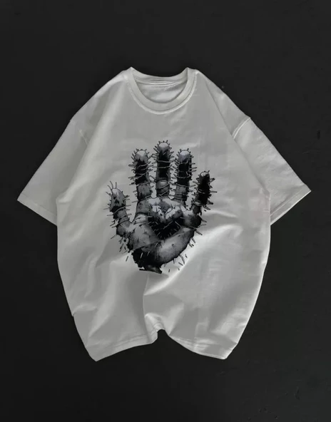 Unisex Bisiklet Yaka Baskılı Oversize T-Shirt - Beyaz ürün görseli