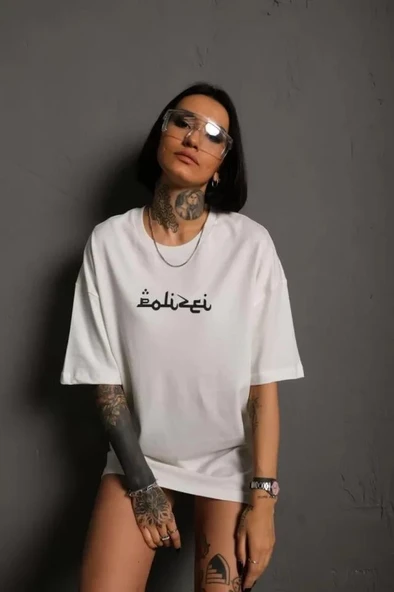 Bisiklet Yakalı Sırt Baskılı Oversize T-Shirt - Beyaz - Resim 2