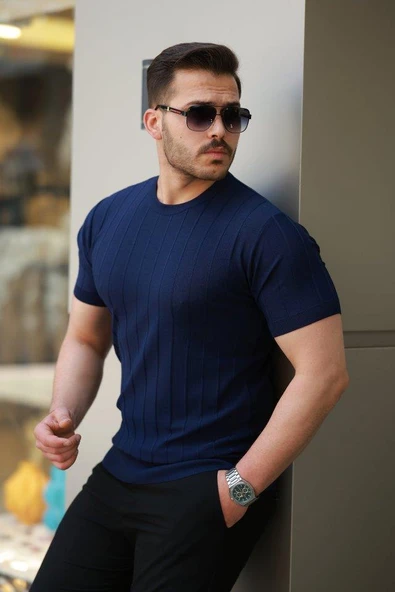 Erkek Kısa Kollu Bisiklet Yaka çizgili Triko Tişört ürün görseli