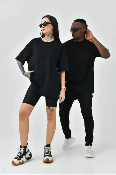 Unisex Basic Bisiklet Yaka Oversize T-Shirt - Siyah ürün görseli