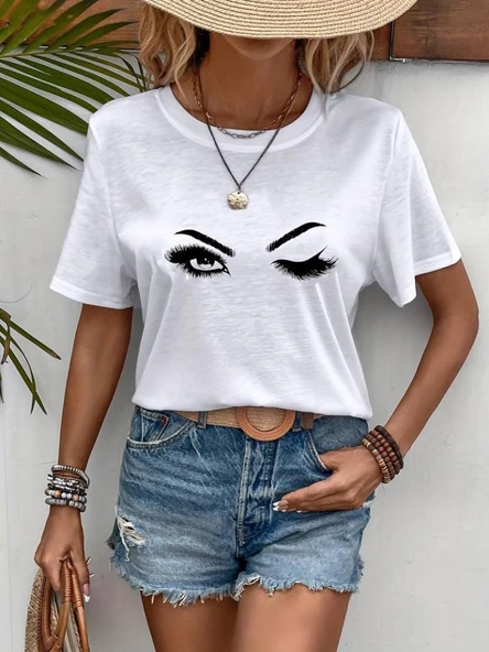 Kadın Kısa Kollu Bisiklet Yaka Göz Baskılı Süprem T-shirt ürün görseli