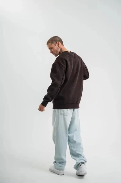 POLIZEI Premium Kalite Bisiklet Yaka Yıkamalı SweatShirt - Kahverengi - Resim 3