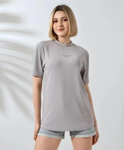 Unisex Bisiklet Yaka Baskılı Slim Fit T-Shirt - Boyalı Gri ürün görseli