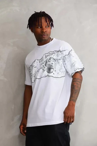 Unisex Bisiklet Yaka Baskılı Oversize T-Shirt - Beyaz - Resim 2