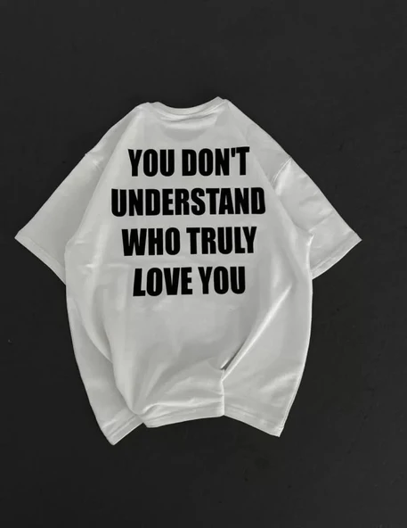 Unisex Bisiklet Yaka Baskılı Oversize T-Shirt - Beyaz - Resim 2