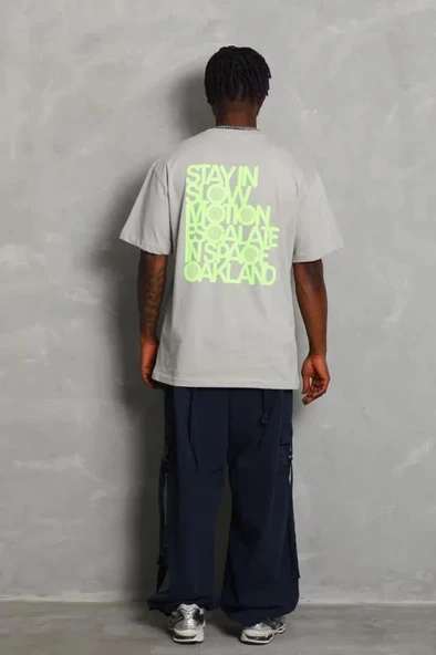 Unisex Oversize Baskılı Bisiklet Yaka T-Shirt - Gri - Resim 4