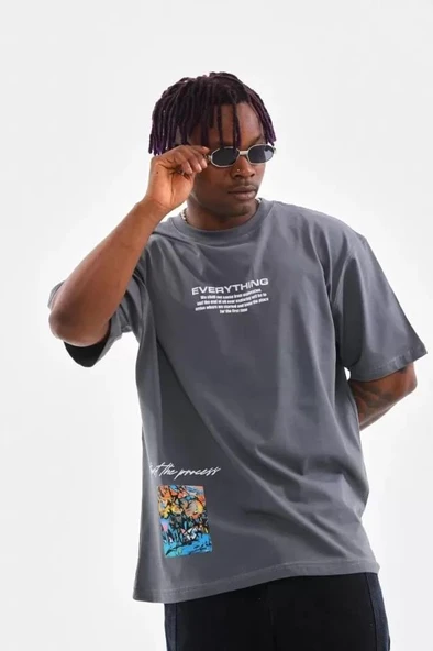 Unisex Bisiklet Yaka Baskılı Oversize T-Shirt - Gri ürün görseli