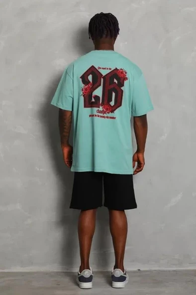 Unisex Oversize Baskılı Bisiklet Yaka T-Shirt - Mint Yeşili - Resim 2