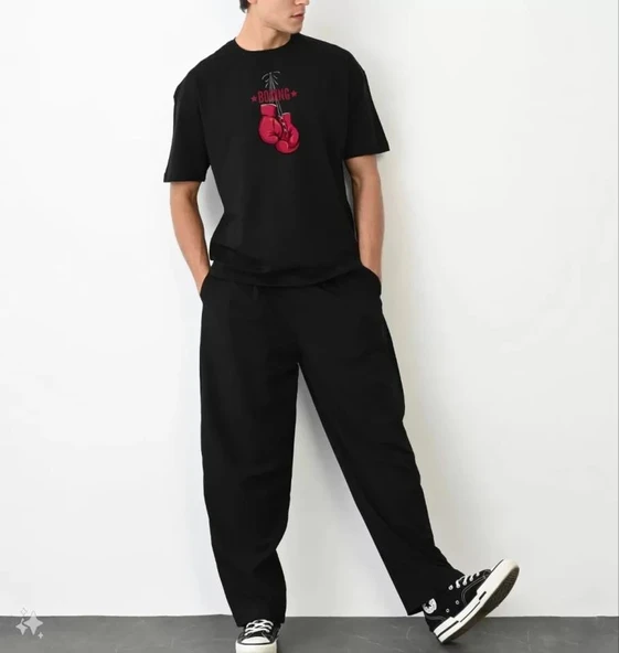 Unisex Bisiklet Yaka Baskılı Oversize T-Shirt - Siyah ürün görseli