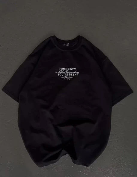 Unisex Bisiklet Yaka Baskılı Oversize T-Shirt - Siyah ürün görseli