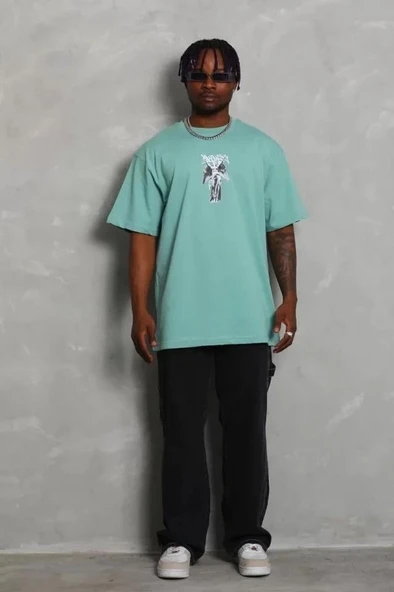 Unisex Oversize Baskılı Bisiklet Yaka T-Shirt - Mint Yeşili - Resim 3
