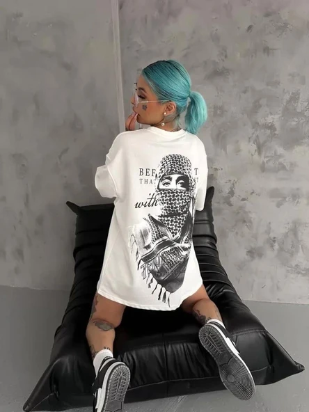 Unisex Baskılı Oversize T-Shirt - Beyaz ürün görseli