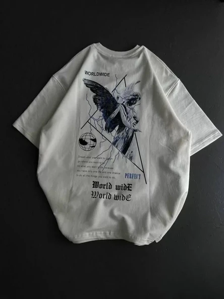 Unisex Bisiklet Yaka Baskılı Oversize T-Shirt - Beyaz - Resim 2