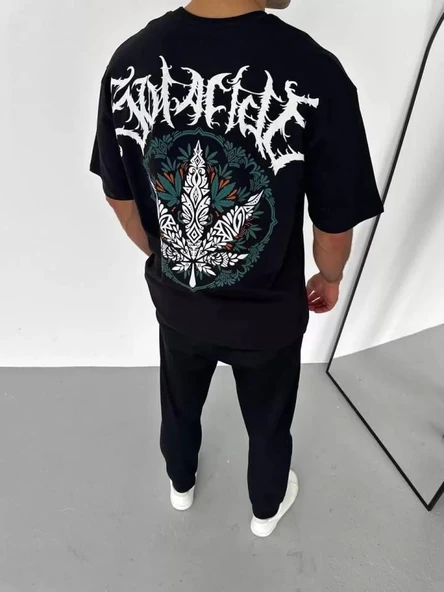 Unisex Bisiklet Yaka Baskılı Oversize T-Shirt - Siyah - 2