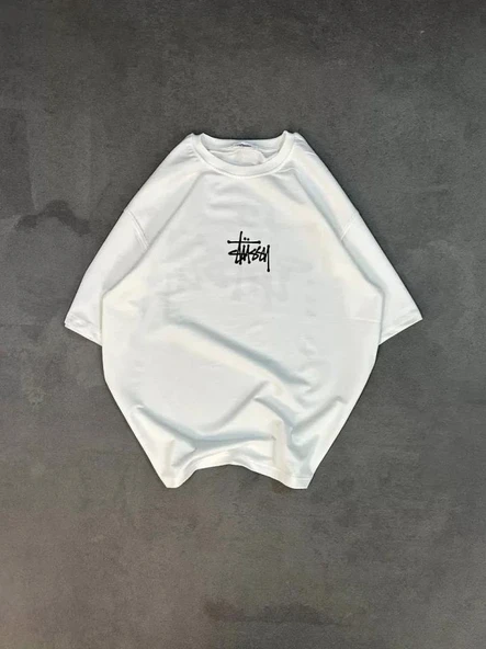 Unisex Bisiklet Yaka Baskılı Oversize T-Shirt - Beyaz ürün görseli