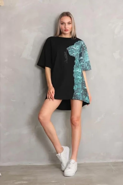 Unisex Bisiklet Yaka Baskılı Oversize T-Shirt - Siyah ürün görseli