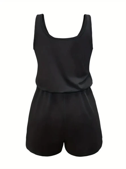 Kadın Askılı Yuvarlak Yaka Lazer Kesim Detaylı Bağcıklı Kısa Viskon Tulum - Resim 5