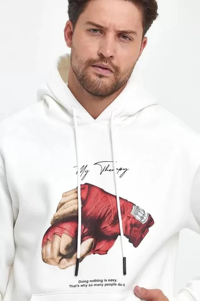 Unisex Kapüşonlu Üç İplik Oversize Baskılı Sweatshirt - Beyaz - Resim 2