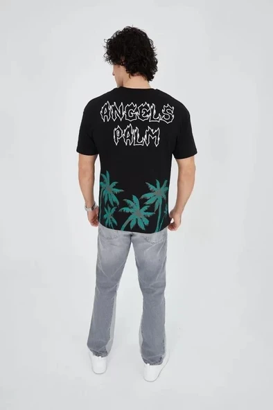 Erkek Baskılı Bisiklet Yaka T-Shirt - Siyah - Resim 2