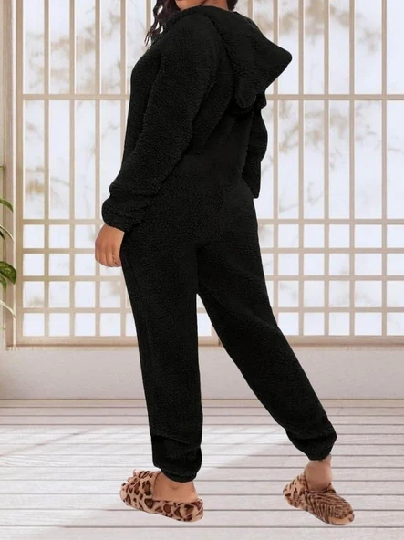 Kadın Uzun Kollu Kapüşonlu Tavşan Kulak Detaylı Peluş Tulum - Resim 5