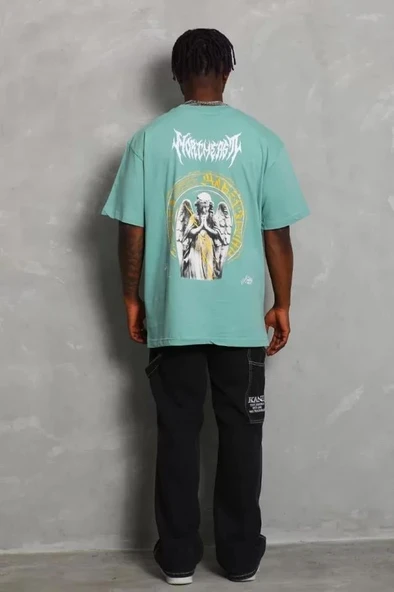 Unisex Oversize Baskılı Bisiklet Yaka T-Shirt - Mint Yeşili - Resim 4