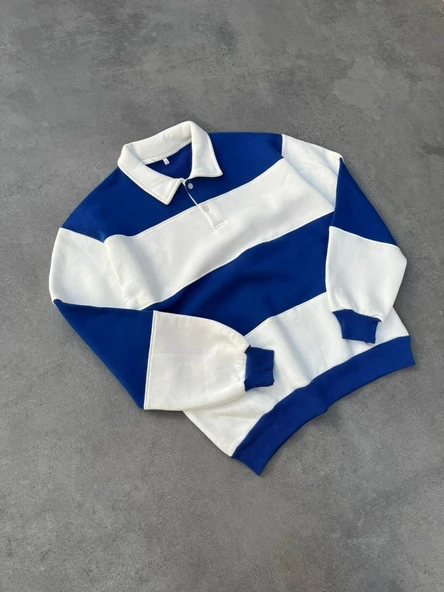 Unisex Üç İplik Parçalı Yakalı SweatShirt - Mavi - Resim 2