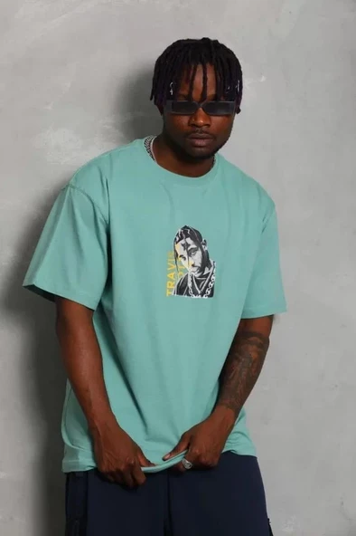 Unisex Oversize Baskılı Bisiklet Yaka T-Shirt - Mint Yeşili - Resim 2