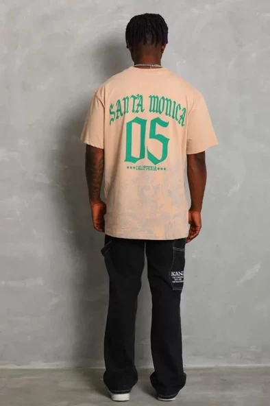 Unisex Oversize Baskılı Bisiklet Yaka T-Shirt - Bej - Resim 2