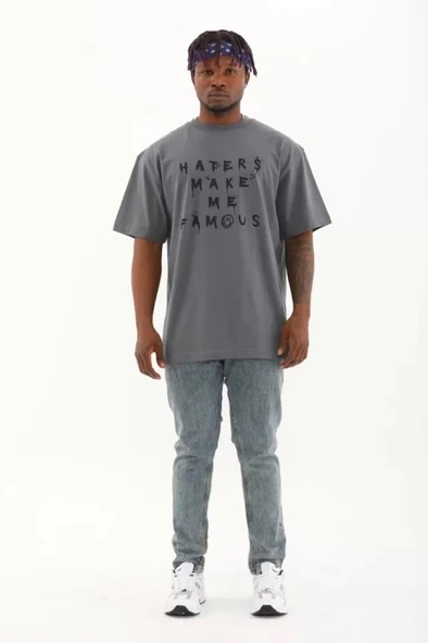 Unisex Oversize Baskılı Bisiklet Yaka T-Shirt - Füme - Resim 3