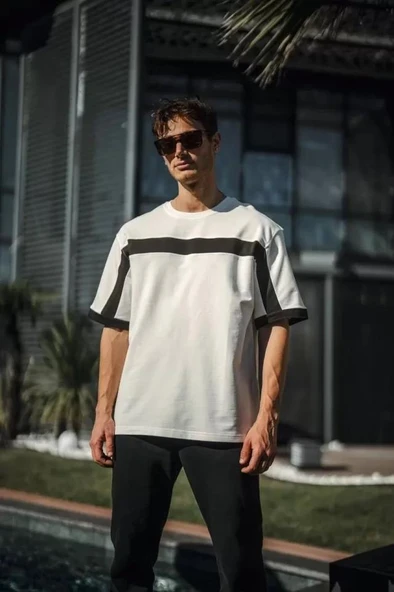 Unisex Yandan Fermuarlı Parçalı T-Shirt - Beyaz - Resim 2