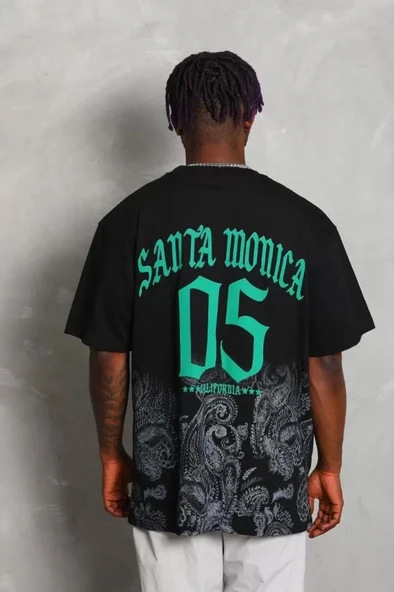 Unisex Oversize Baskılı Bisiklet Yaka T-Shirt - Siyah - Resim 3