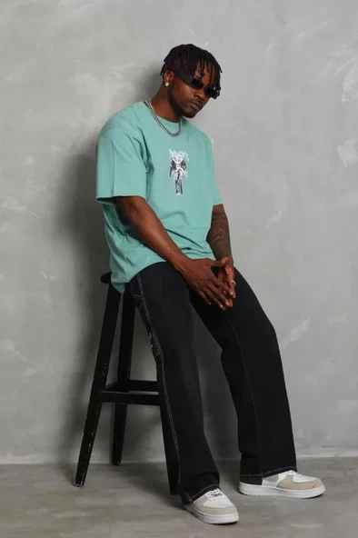 Unisex Oversize Baskılı Bisiklet Yaka T-Shirt - Mint Yeşili - Resim 2