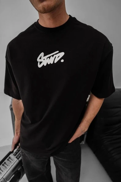 Erkek Baskılı Oversize T-shirt - Siyah - Resim 4